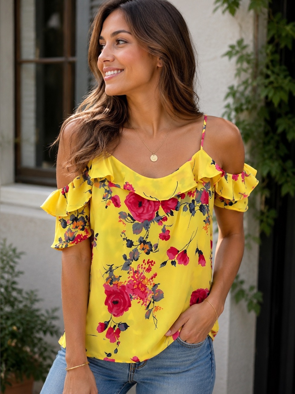 Skies Are Blue Yellow Floral Scoop-Neck Blouse